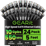 GEARit Cat 6 Ethernet Cable Pack - 24-Pack 5 ft Cat6 Ethernet Patch Cables | RJ45 Network Patch Cable, 10 Gbps Snagless Gold-Pla