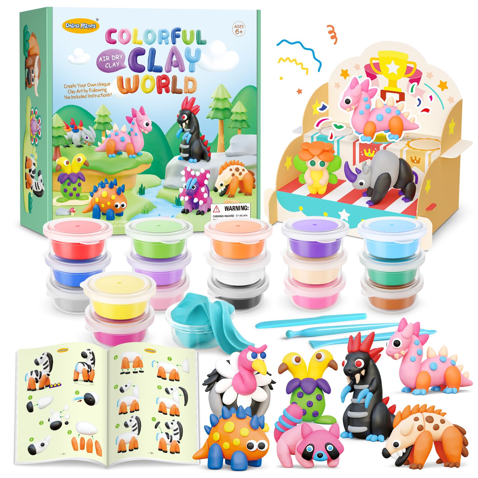 Drama Planet Air Dry Clay Kit for Kids - 18 Cans of Modeling Clay, 46-Page Guidebook with 26 Character Tutorials, Great Gift for