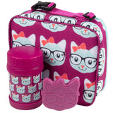 Bentology Kids Lunch Tote Set Kitty Cat Pink & BlueIncludes Reusable Hard Ice Pack & Stainless Steel Food Jar ThermosHot or Co