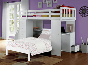 Acme Freya Solid Wood Storage Loft Bed With Bookshelf Ladder In White