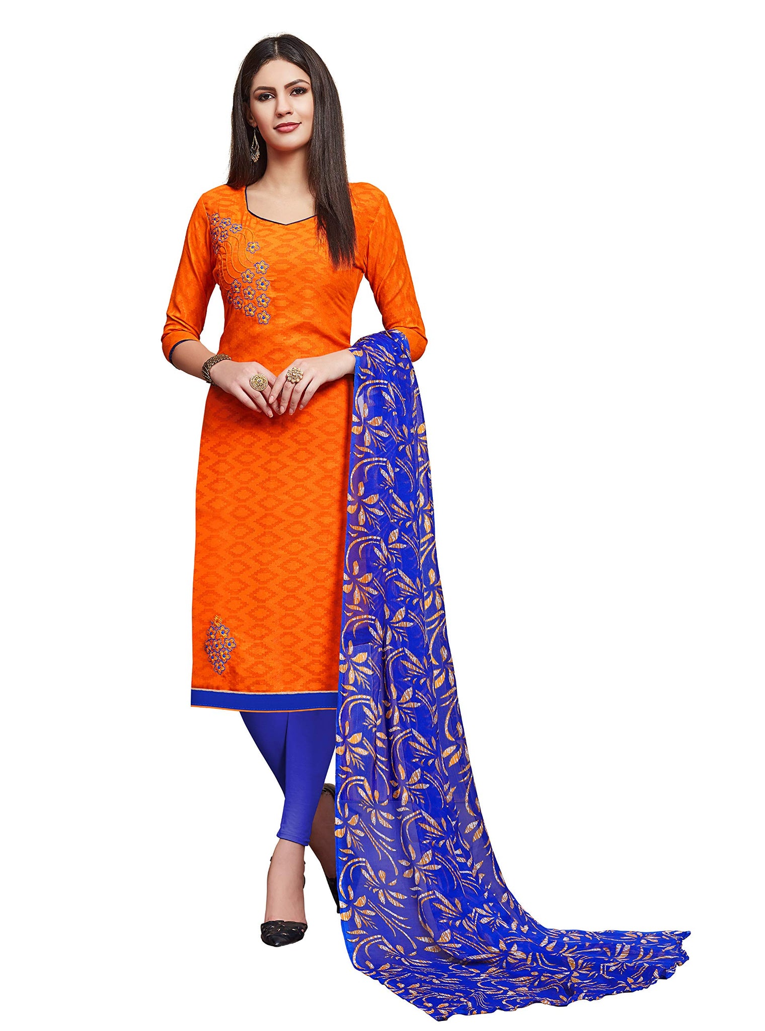 Anni Designer Women'S Orange Color Cotton Blend Embroidered Printed Dupatta Churidar Dress Material(Divyanshi 2 2013 Gangour_Orange_Free Size),Orange,FS