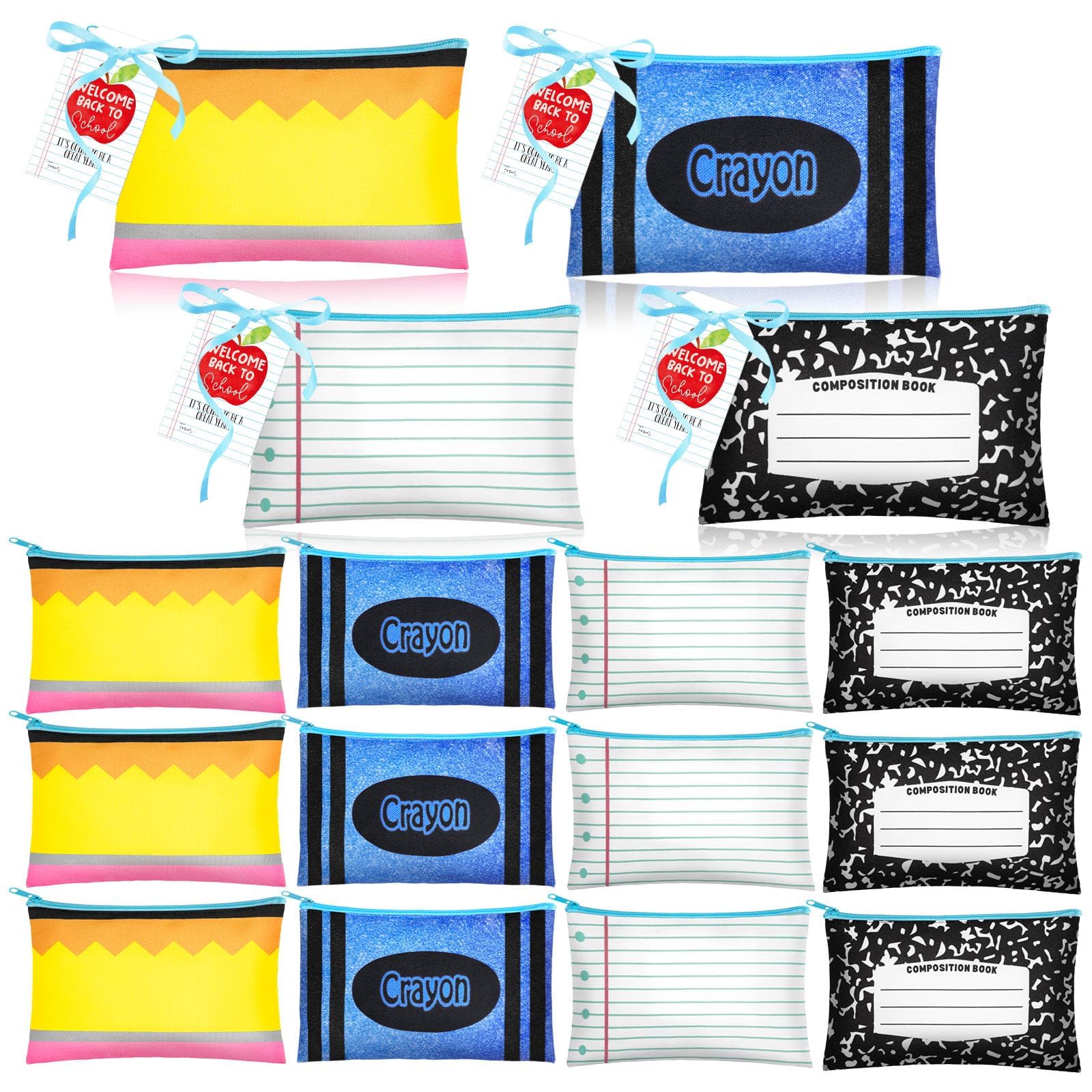 Demonwer 12 Pcs Back to School Gifts Pencil Case 4 Style Patterns Pencil Pouch with Inspirational Cards Ribbons Cute Pencil Box 