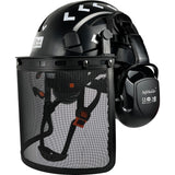 SAFEBUILDER Forestry Safety Helmet with Build-in Visor Mesh Face Shield Ear Muffs 4 in 1 Chainsaw Safety Hard Hats (Black-ICV-B0