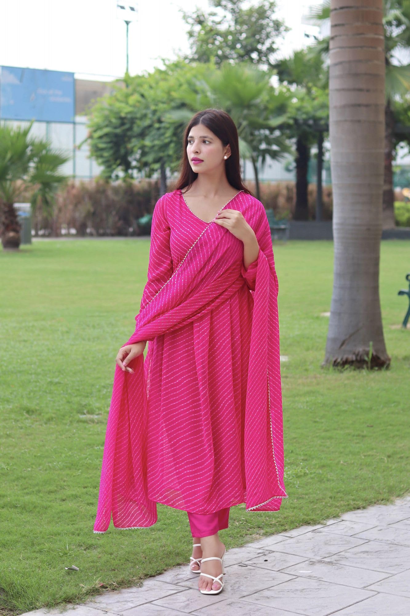 Gosriki Women'S Georgette Lehariya Printed Anarkali Kurta With Pant & Dupatta (Mothda-Pink-Gs_Xxl_Pink_Xx-Large),Pink,2,B0D3QQFXP3