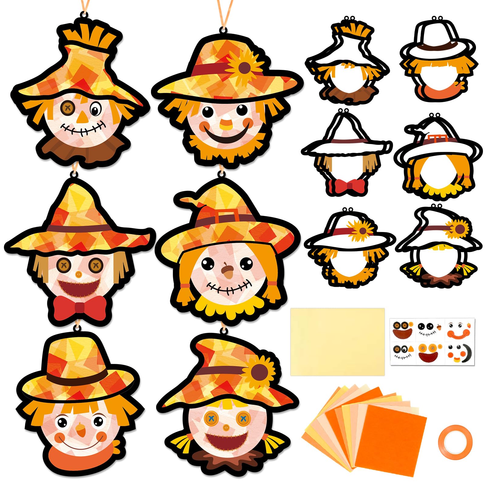 Qyeahkj 36 Set Fall Scarecrow Suncatchers Craft for Kids DIY Autumn Window Tissue Paper Craft Kit Hanging Decor for Thinkgiving 