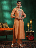 Libas Womens Yoke Design Silk Blend Straight Kurta With Trousers And Dupatta Orange L