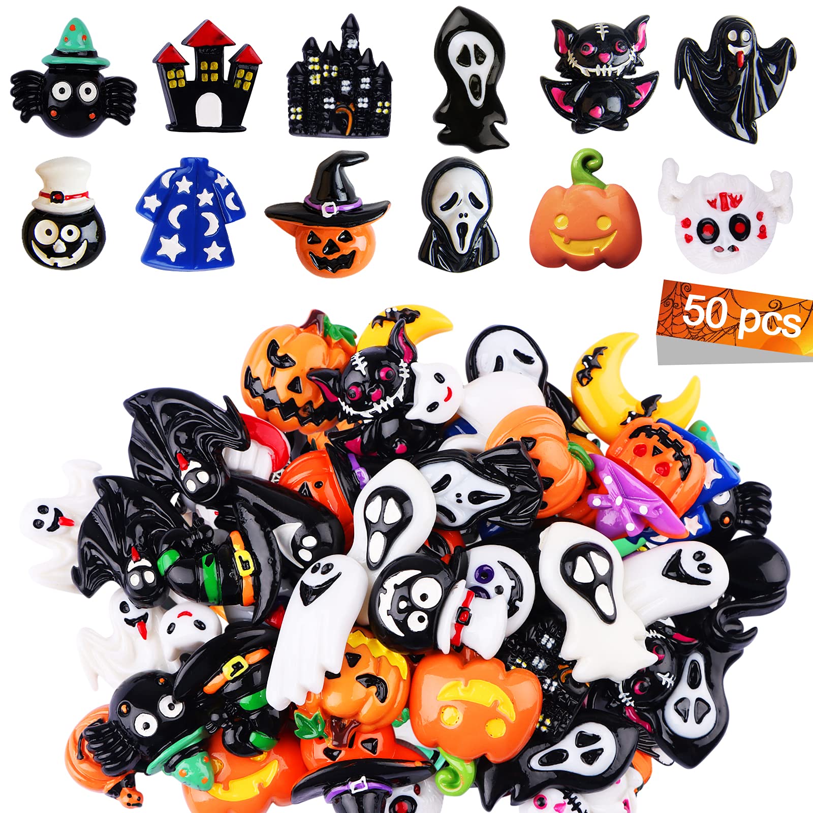 Kalolary 50PCS Halloween Craft Ornaments - Assorted Flatback Embellishments - Pumpkin Ghost Teeth Cat Castle Hat Resin Charms fo