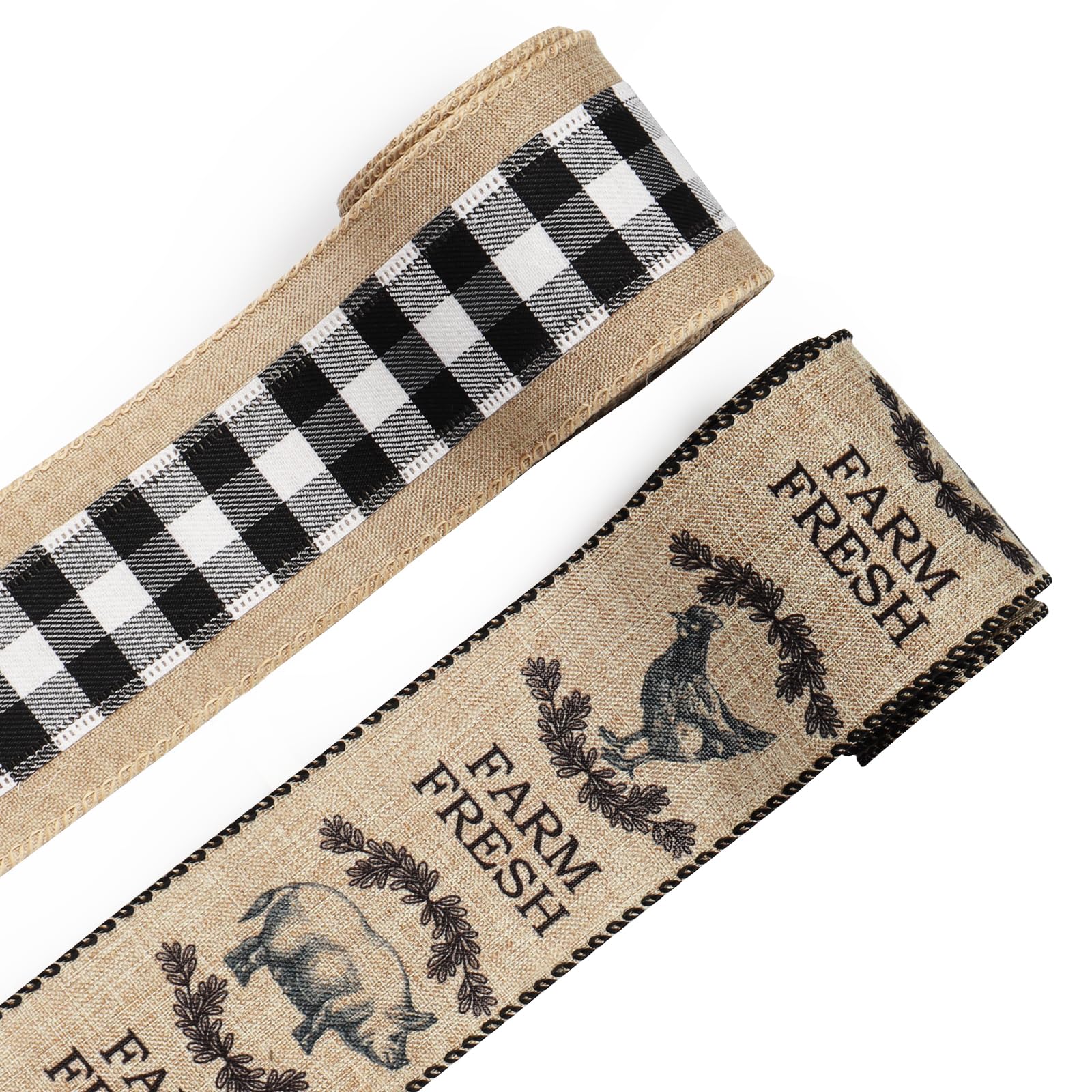 ABTOLS 2 Roll 10 Yards Farm Ribbons, 2.5 Rooster Wired Edge Burlap Ribbon Black White Buffalo Plaid Ribbon Farm Fresh Gift Wrapp