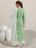 Libas Womens Printed Cotton Straight Kurta With Trousers And Dupatta Green S 99038O