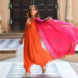 Anni Designer Women'S Rayon Blend Anarkali Solid Kurta With Pant & Dupatta (Maadhvi Orange_M_Orange_Medium),Orange,M,Rayon Blend,Anarkali,