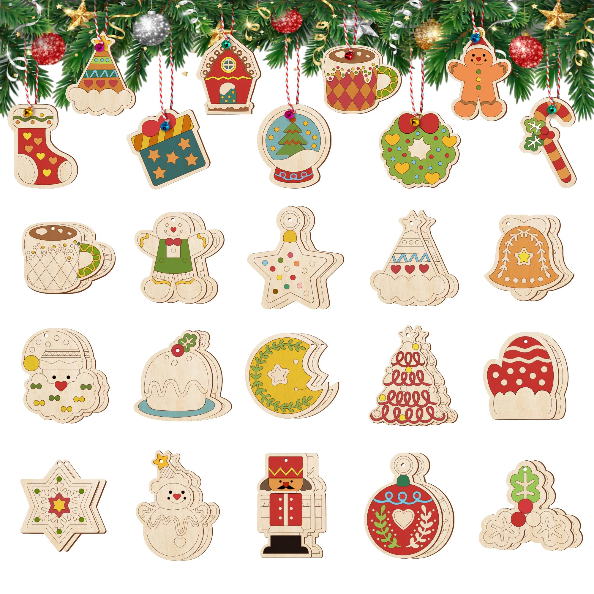 60 PCS Wooden Christmas Ornaments, 30 Styles DIY Unfinished Wood Crafts Kit with Strings, Colored Bells and Pens, Blank Wood Sli