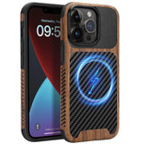 ZZDZZ Magnetic Case Compatible with iPhone 13 Pro Case [Compatible with MagSafe] Wood and Leather Carbon Fiber Design Hybrid Sho