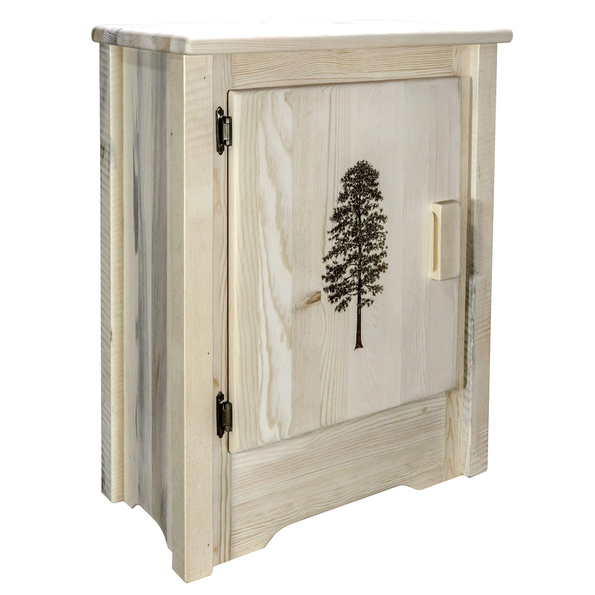 Montana Woodworks Homestead Collection Accent Cabinet With Laser Engraved Pine Design, Left Hinged, Clear Lacquer Finish