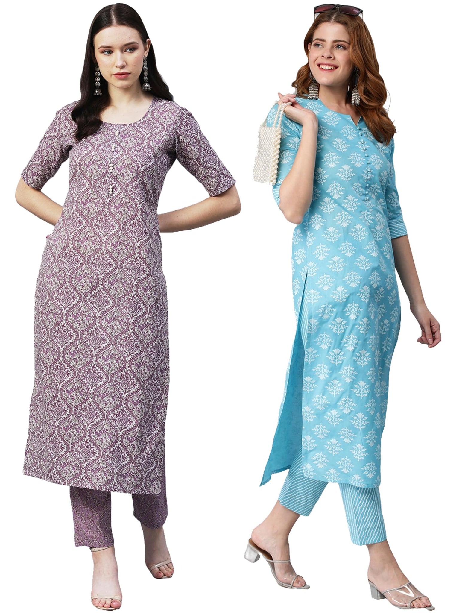 Anni Designer Women'S Cotton Blend Printed Straight Kurta With Pant Pack Of 2 (Combo-Batakli-Kidya_Multicolor_Xx-Large),Multicolour,2XL
