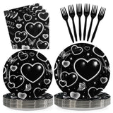 Grencian 96 Pcs 2000s Party Plates and Napkins Black Heart Tableware Supplies Y2k Theme Birthday Party Decoration Early 2000s Di