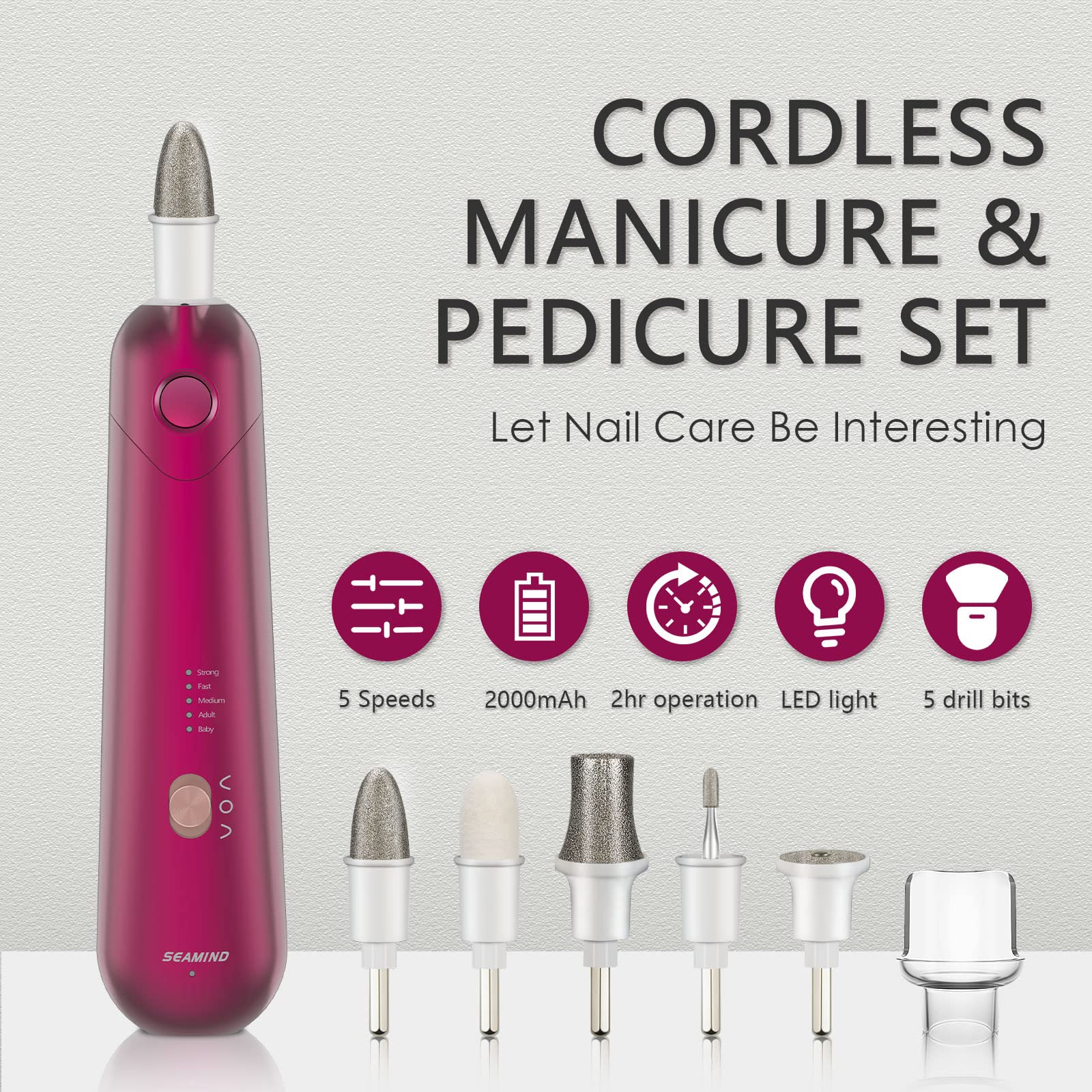 Professional Manicure Pedicure Set, Cordless Electric Nail File Kit, Rechargeable Nail Grinder for Thick Nails, 5 Speeds Hand Fo