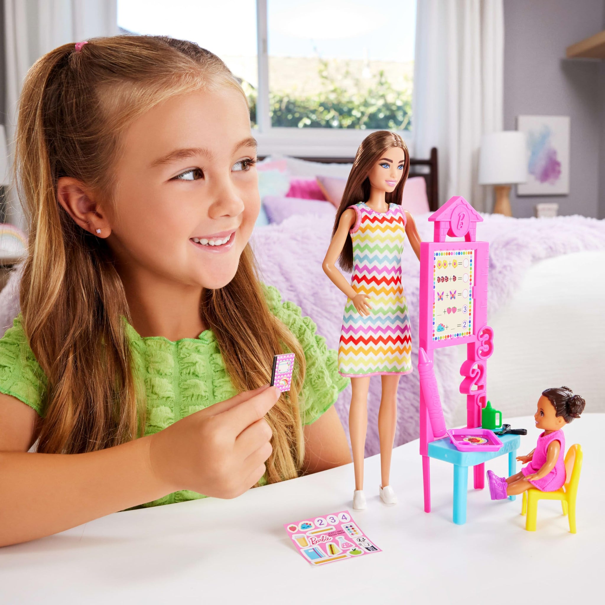 Barbie Teacher Doll With Brunette Fashion Doll With Printed Dress, 1 Toddler Doll, & Teaching Accessories