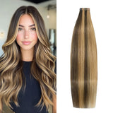 Aison Highlight Chocolate Brown to Caramel Blonde Tape in Hair Extensions Human Hair Extensions Silky Straight for Women 20 Pcs/