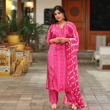 Anni Designer Women'S Rayon Viscose Straight Bandhej Printed Kurta With Pant & Dupatta (Baghira Pink-Vks02_Xxl_Pink_Xx-Large),Pink,2XL,Rayon Viscose,Regular,