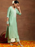 Libas Gerua Womens Embroidered Silk Blend Straight Kurta With Trousers And Dupatta Green M