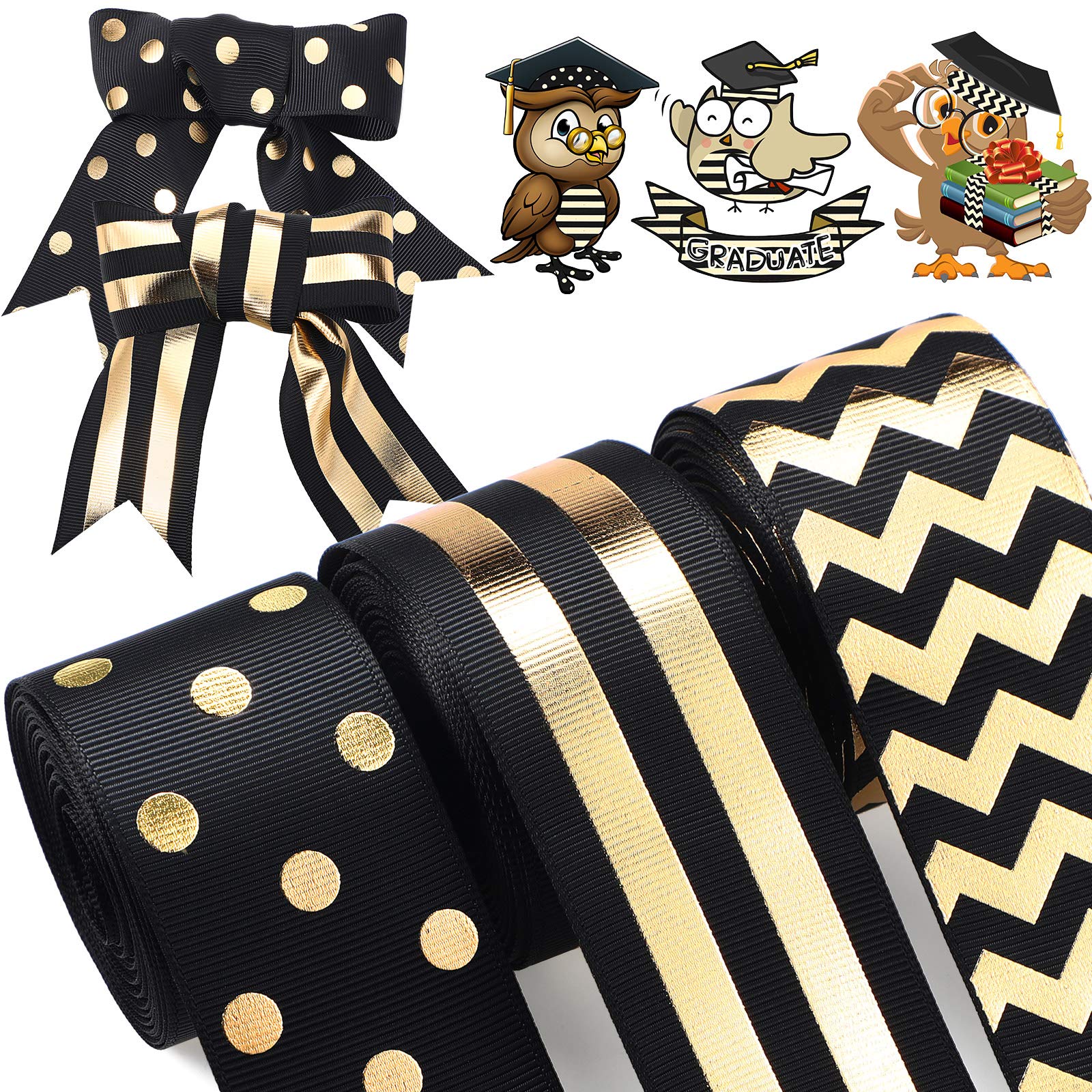WILLBOND 3 Rolls 1-1/2 Inch Black and Gold Christmas Ribbon 15 Yards Grosgrain Striped Wrapping Ribbon for Christmas Wreath Maki