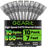 GearIT Cat 6 Ethernet Cable (10-Pack 7 Feet) Cat6 Network Patch, 10Gbps, RJ45, Snagless Cord, Gold-Plated Connectors, Internet f
