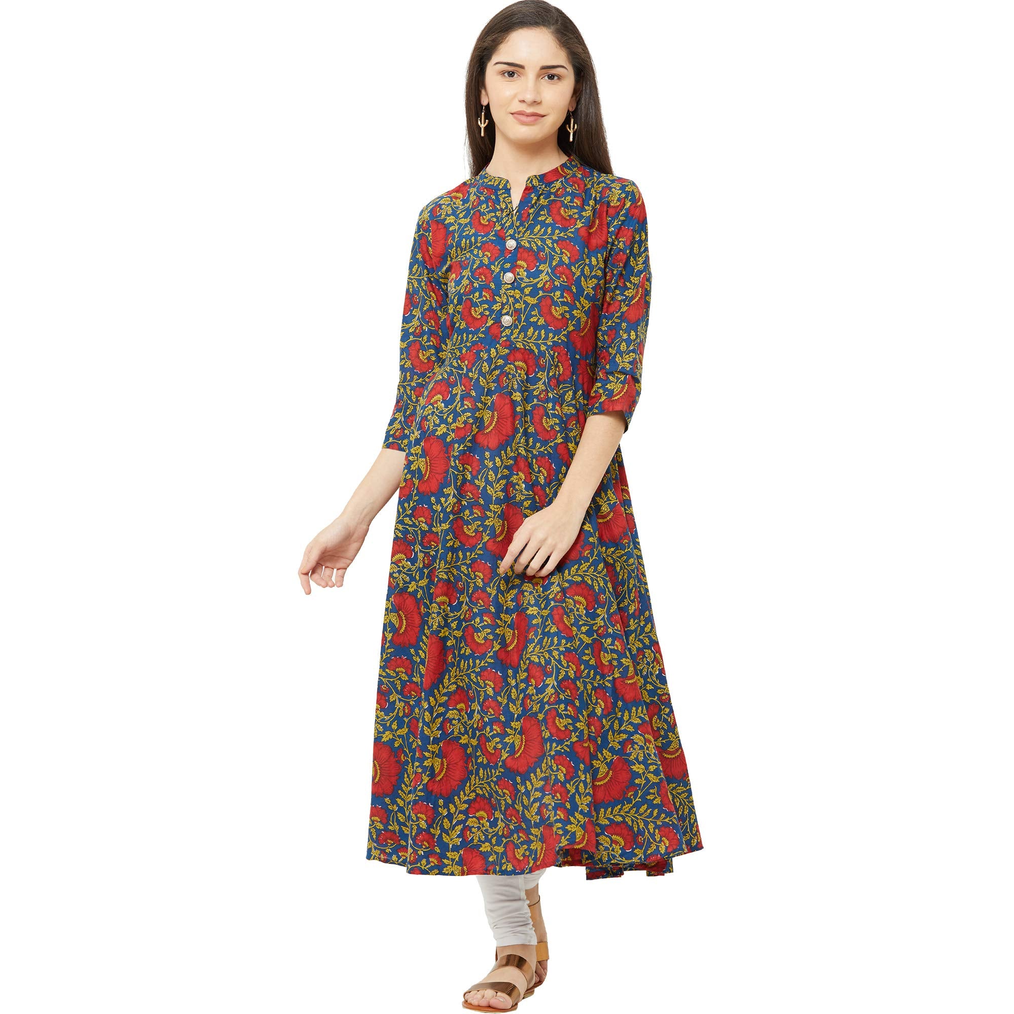 Gosriki Women'S Blue Color Printed Anarkali Cotton Blend Kurti(Radi4084-Blue-S),Blue,,B082Z5X2W1