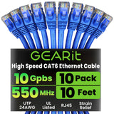 GearIT Cat 6 Ethernet Cable (10-Pack 10 Feet) Cat6 Network Patch, 10Gbps, RJ45, Snagless Cord, Gold-Plated Connectors, Internet 