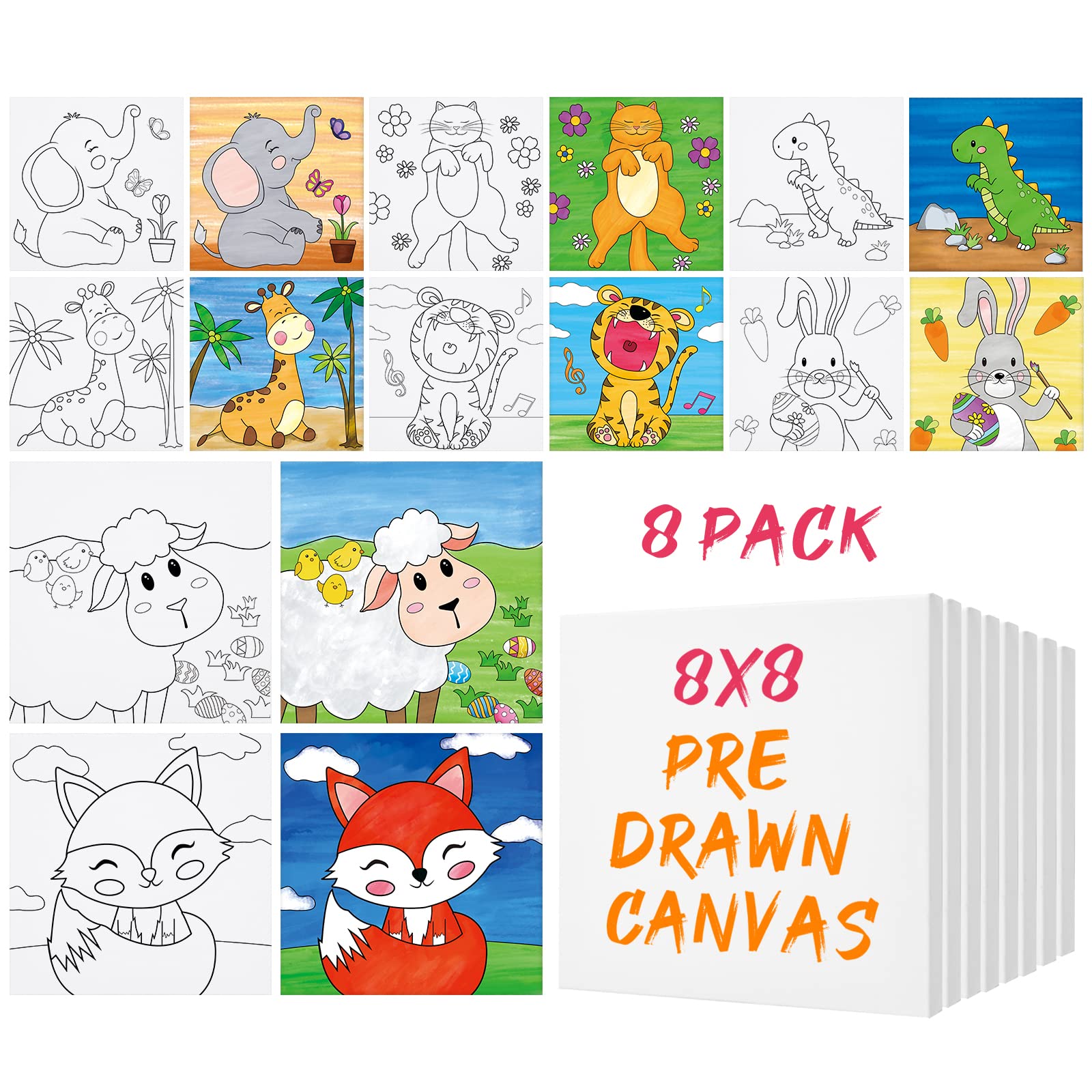 8 Pack Pre Drawn Canvas for Painting, 8 X 8 Cute Animals Painting Canvas Bulk, Art Canvases for Painting for Kids Students Schoo