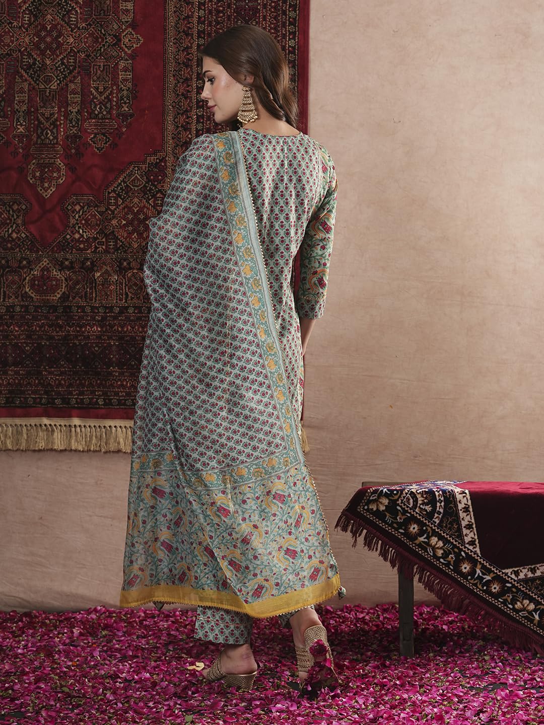 Anni Designer Women'S Cotton Blend Straight Printed Kurta With Pant & Dupatta (Sanghvi Green_L_Green_Large),Green,L,Rayon Blend,Regular,