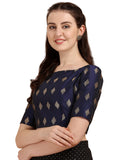 Oomph! Women'S Indian Ethnic Wear Designer Zari Work Boat Neck Half Sleeve Readymade Non - Padded Blouse For Saree And Lehnga And Palazzos Or Skirts For A Fusion Twist. Navy Blue M