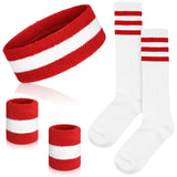 Skylety 5 Pcs Striped Sweatband Sock Set Wrist Sweatband Headband High Striped Headband for Men Women Sports 80s Party(Red and W