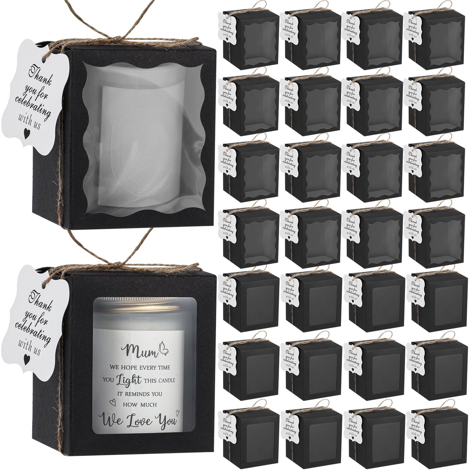 ReliThick 50 Set Candle Gift Box Transparent Gift Packaging Box for 4-10 oz Candles 50 Paper Thank You Tag for Christmas Wedding