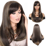 Kalyss Brown with Highlights Yaki Synthetic Women's Wig With Hair Bangs Centre Parting Long Straight Layered Heat Resistant Huma