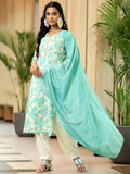 Libas Womens Printed Cotton Blend Straight Kurta With Salwar And Dupatta Blue S