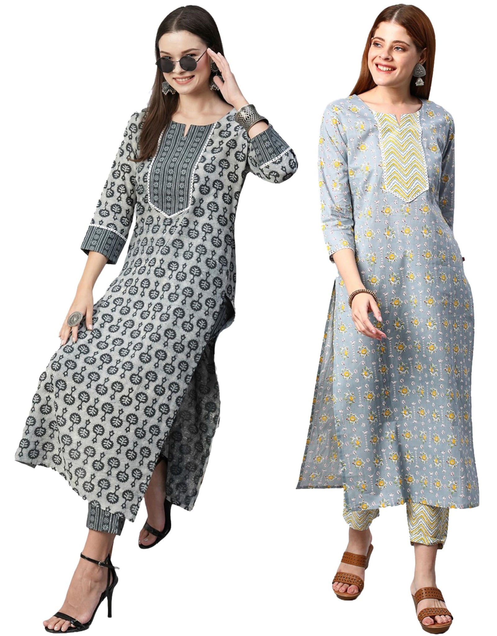 Gosriki Women'S Cotton Blend Printed Straight Kurta With Pant Pack Of 2 (Combo-Sachi-Mikaa-Gs_L_Multi_Large) Multicolour,Multicolour,,B0CM9HZJ49