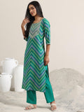 Libas Womens Printed Viscose Straight Kurta With Trousers And Dupatta Green L