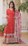 Wedani Faux Georgette Embroidered Work Anarkali Kurta Set For Women (Red S),Red,S,Georgette,Anarkali,