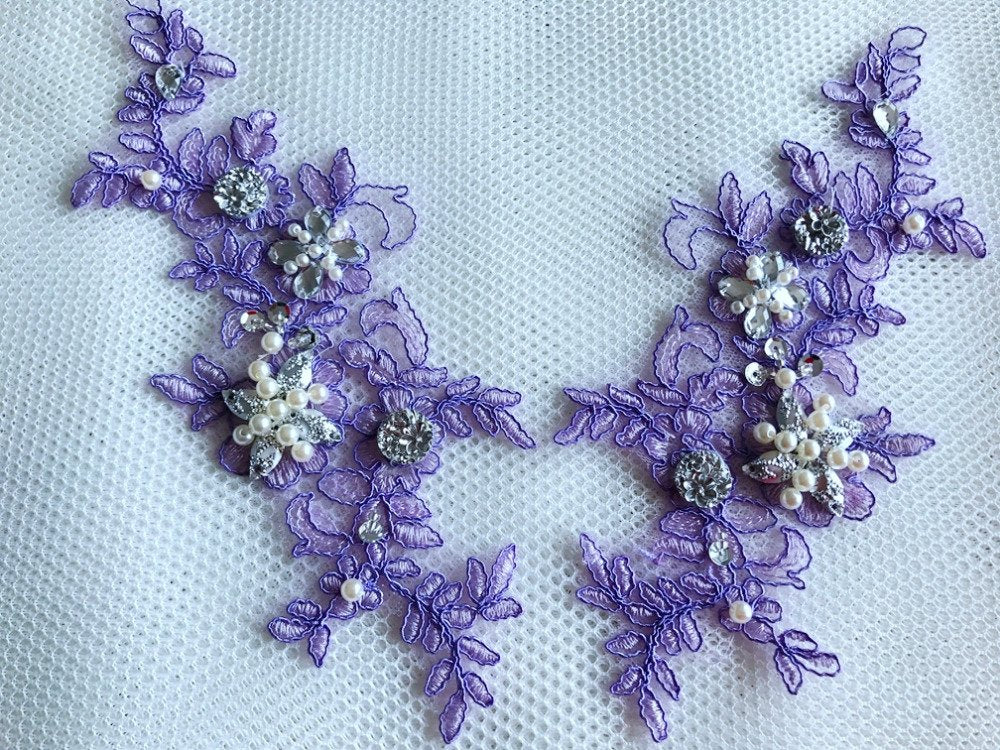 wtbv.n 23x9cm sew on Beaded Rhinestones Light Purple lace Applique Veil Manual DIY Accessories 2pcs/Bag