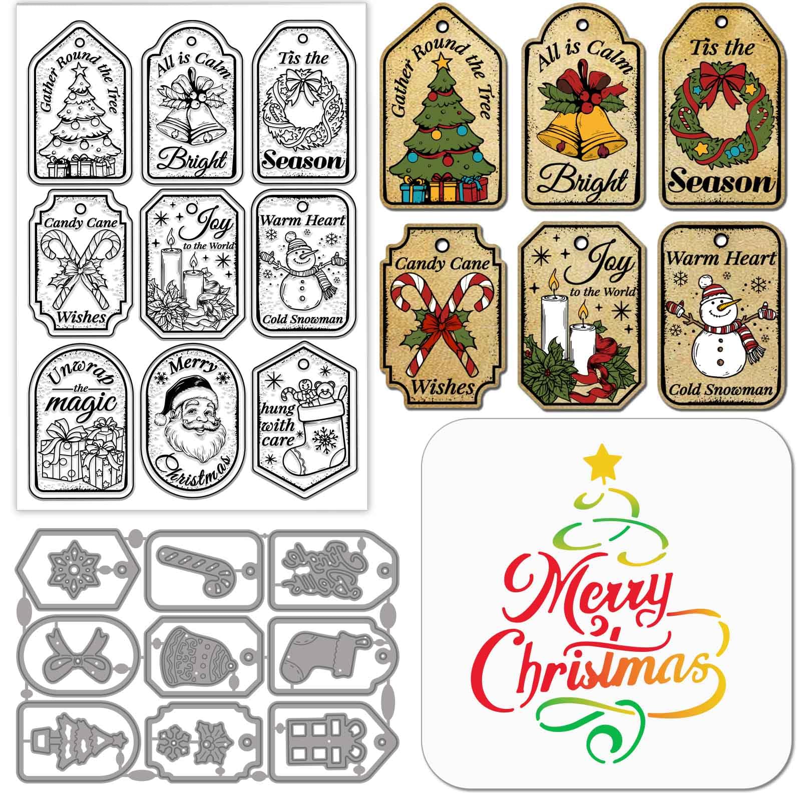 GLOBLELAND Vintage Christmas Tags Clear Stamp Cutting Dies Painting Stencils for Card Making Christmas Tree Die Cuts Winter Snow