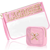 BuyCard 2 Pcs Lacrosse Gifts Makeup Bag with Chenille Letter Patch, Clear Cosmetic Pouch PVC Organizer Purse, Waterproof Travel 