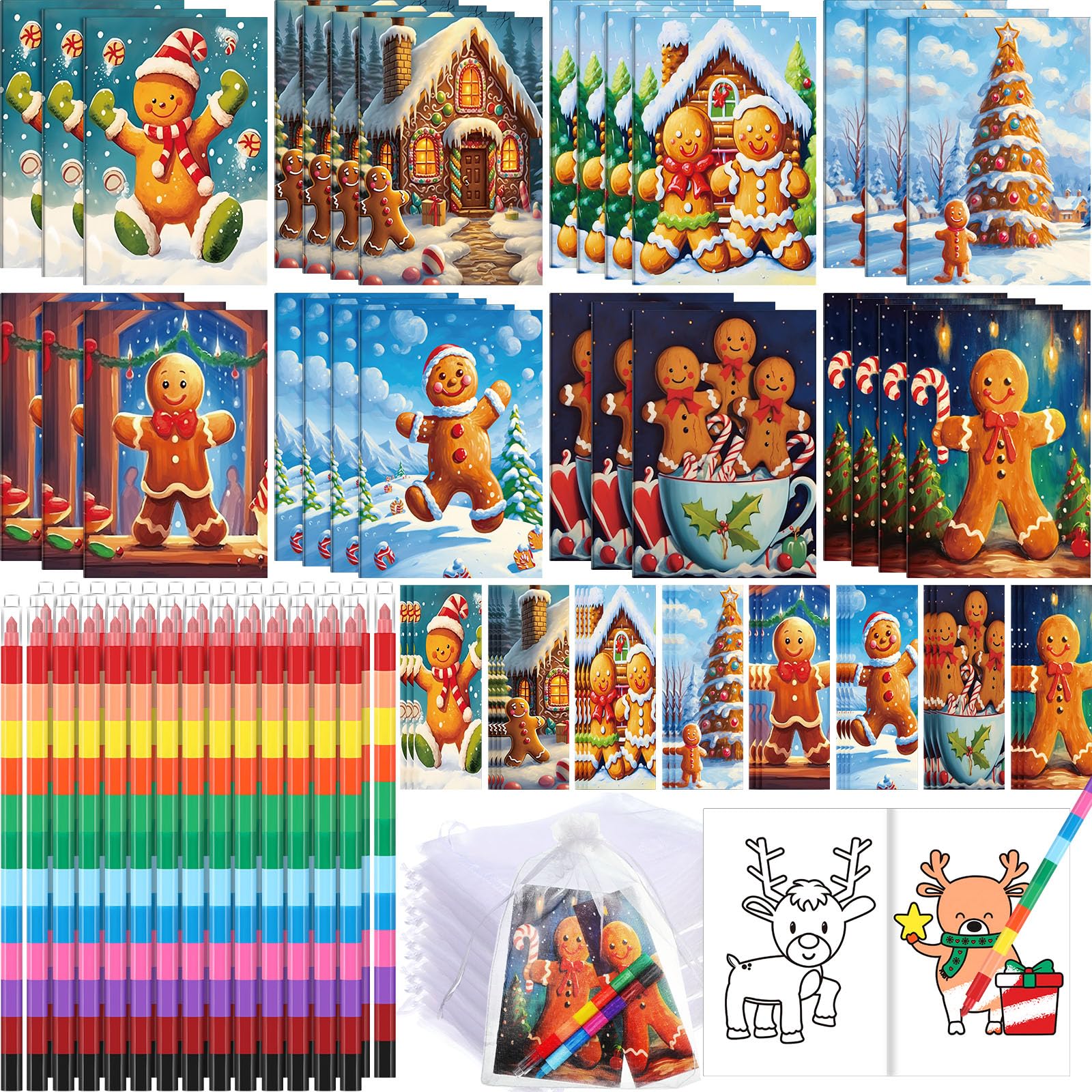Blosssound 112 Pcs Christmas Coloring Books Drawing Books Stacking Crayons Bookmarks Goodie Bags for DIY Holiday Gifts