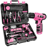 JENABOM Drill Set: Tool Set with 8V Pink Cordless Drill, Home Tool Kit with Drill, Hand Tool Kits for Women, Homeowner, Diyer, H