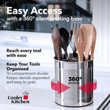Extra Large Rotating Utensil Holder Caddy with Sturdy No-Tip Weighted Base, Removable Divider, and Gripped Insert: Metal | Rust Proof