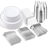 SUT 350pcs White Plastic Plates for 50 Guests, Disposable Heavy Duty Party Plates and Sets
