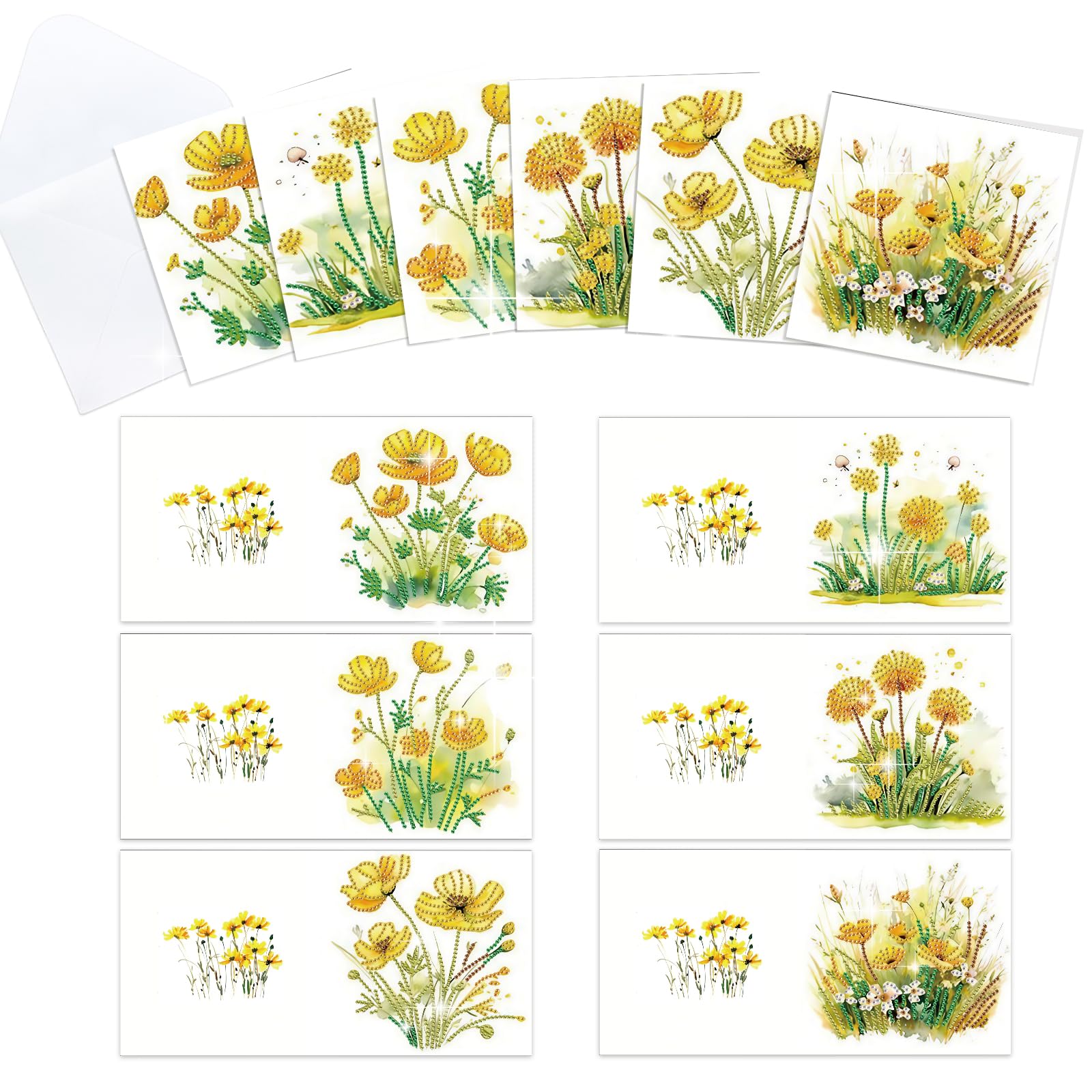 6pcs 5D DIY Diamond Painting Kit Greeting Card, Small Yellow Flower Diamond Handmade Greeting Card with Envelope, Holiday Gift C