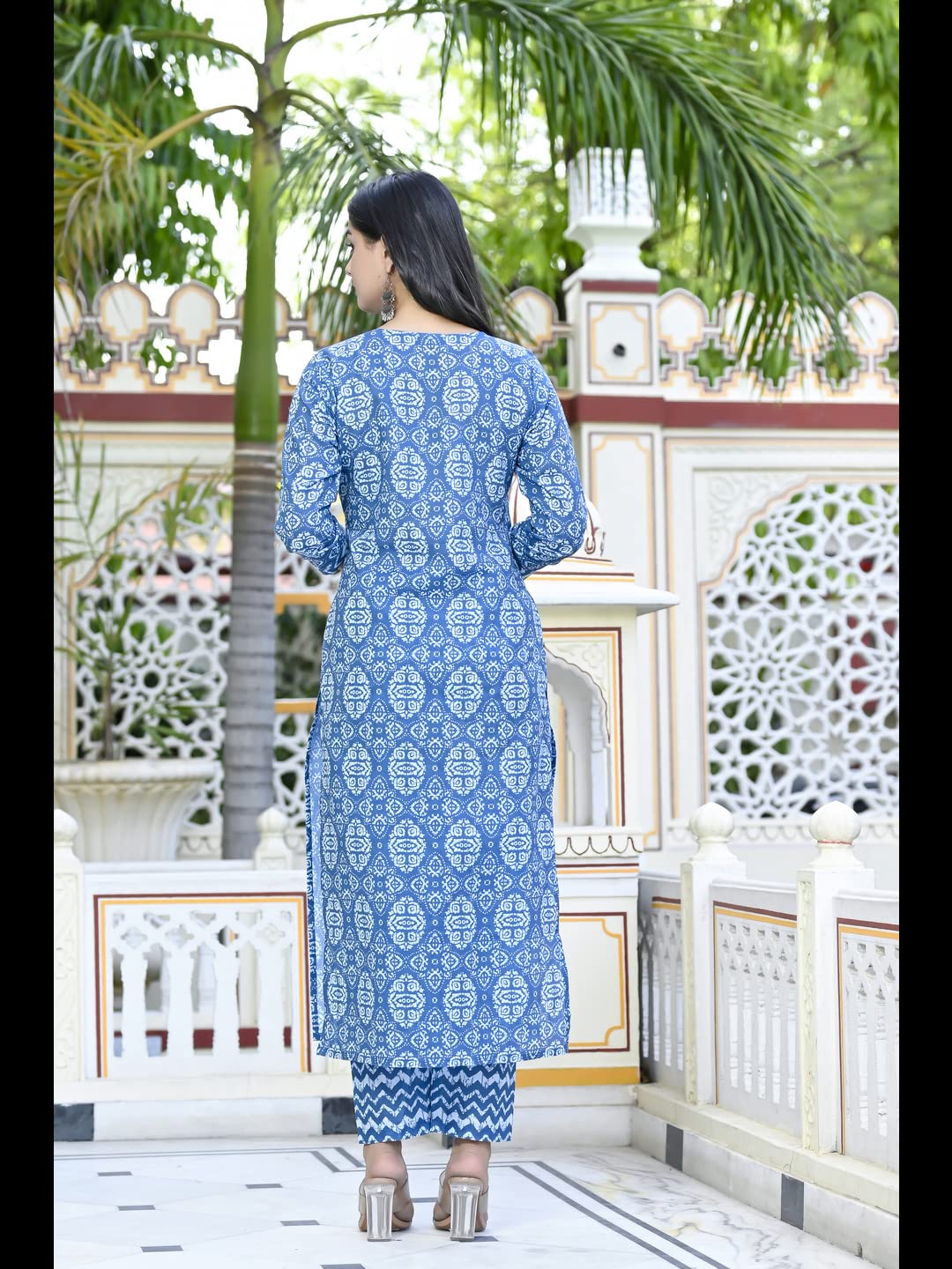 Anni Designer Women'S Cotton Blend Printed Straight Kurta With Pant (Pana Blue-Cmd_L_Blue_Large),Blue,L,Cotton Blend,,Kurta