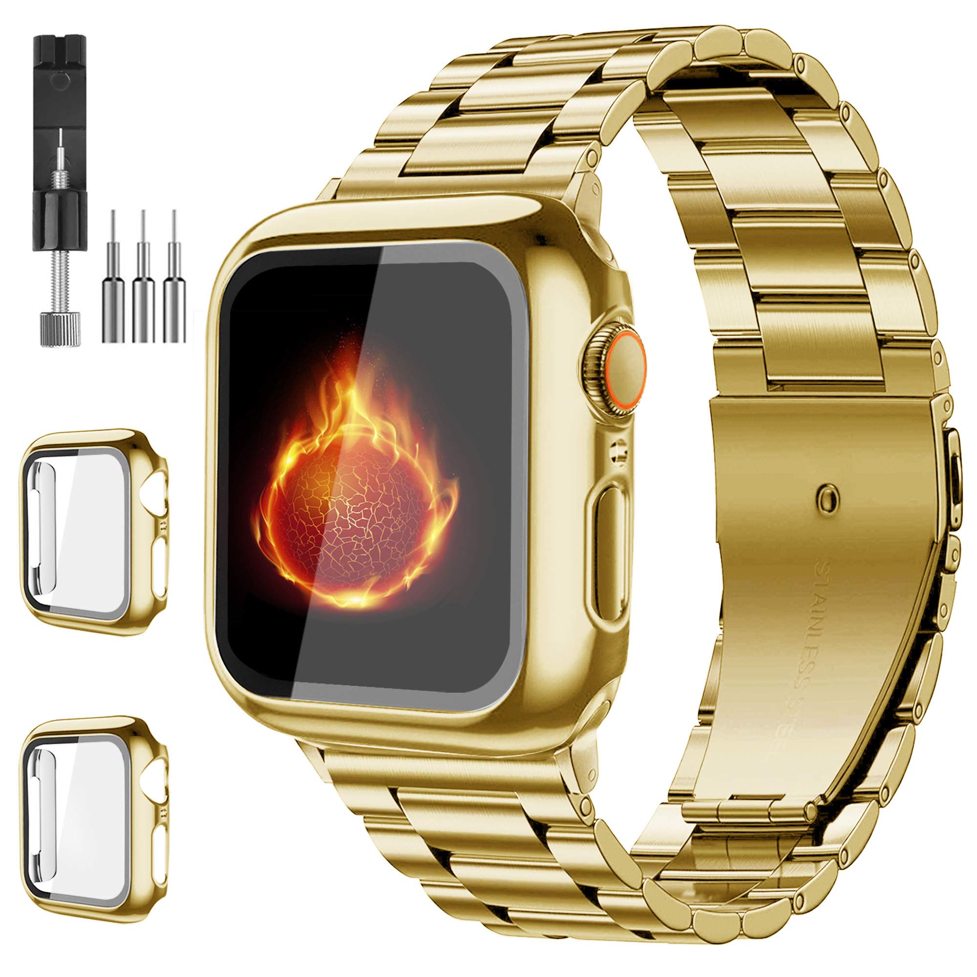 Bekomo 3-Pack Stainless Steel Apple Watch Band with 2 Pack Tempered Glass Screen Protectors, 49mm, 44mm, 45mm, 42mm, 40mm, 38mm,