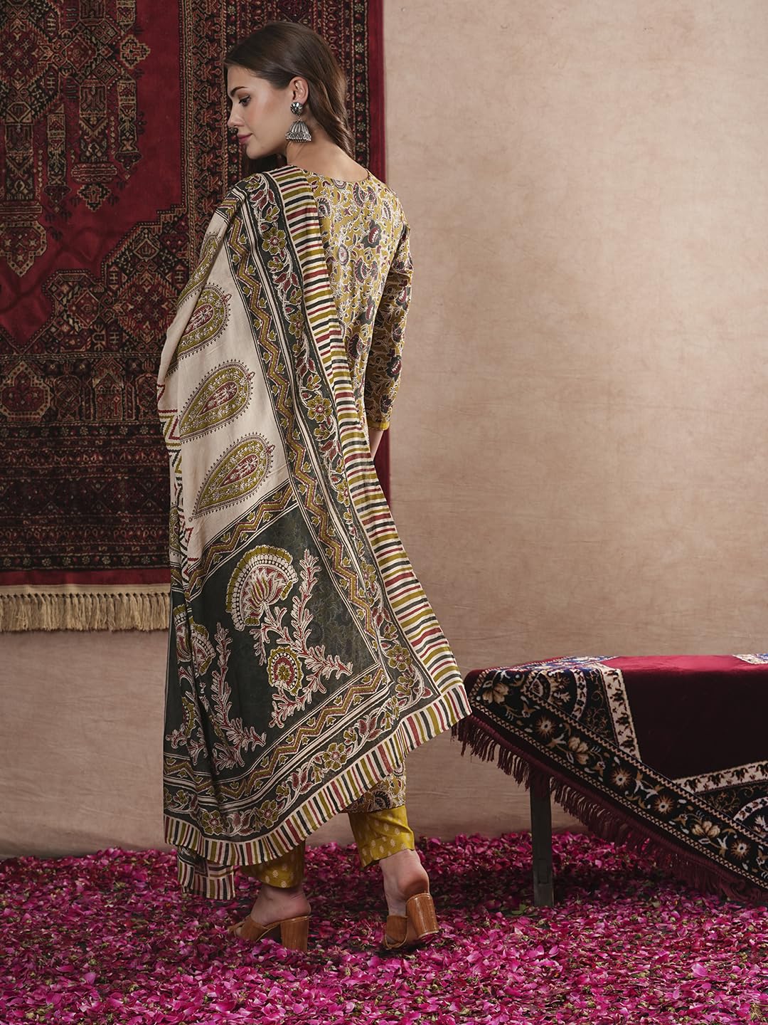 Anni Designer Women'S Cotton Blend Straight Printed Kurta With Pant & Dupatta (Mridul Mustard_M_Mustard_Medium),Mustard,M,Rayon Blend,Regular,