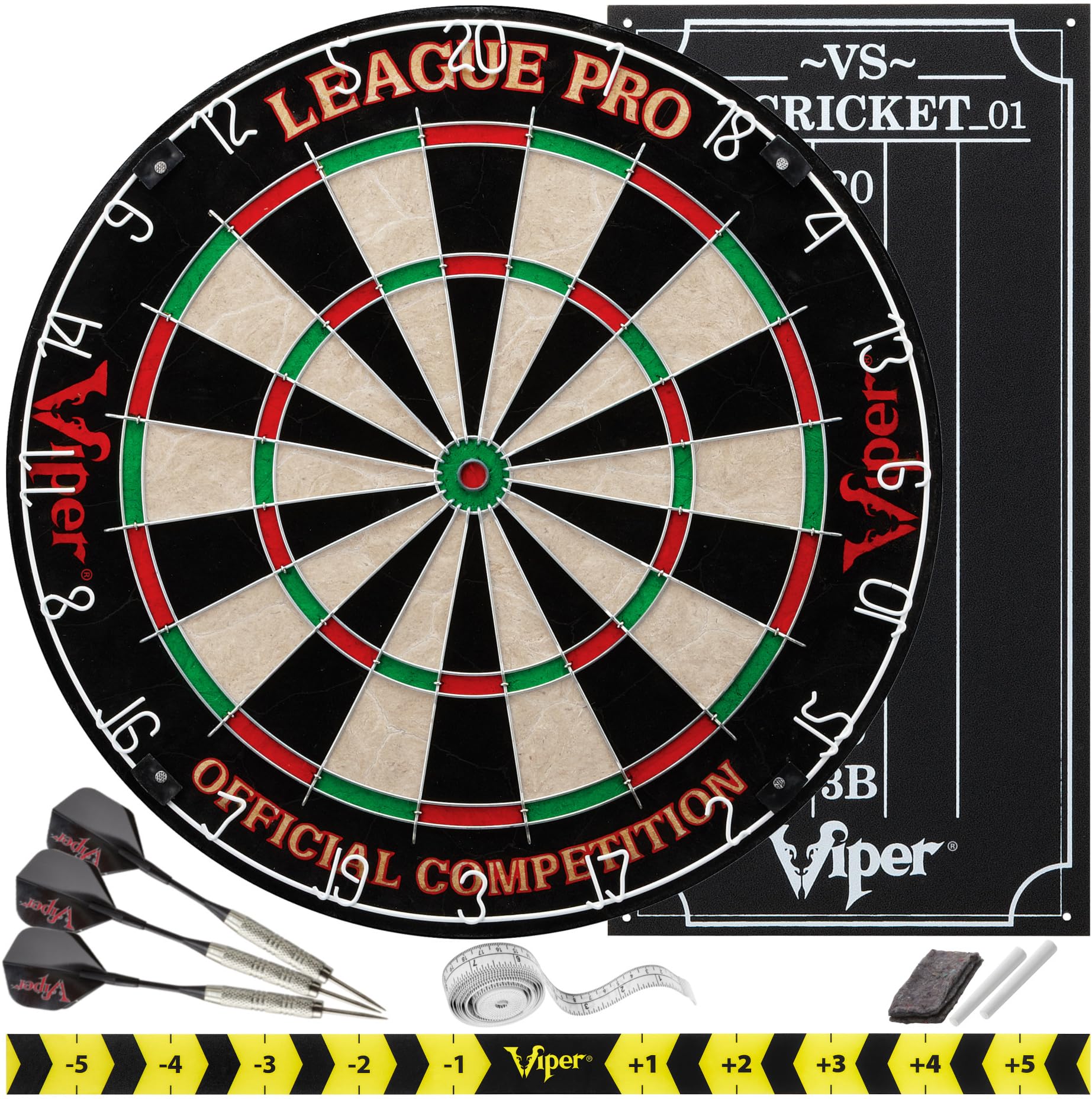 Viper League Pro Regulation Bristle Steel Tip Dartboard Starter Set With Staple-Free Bullseye, Radial Spider Wire, High-Grade Sisal With Rotating Number Ring, Chalk Cricket Scoreboard, Steel Tip Darts